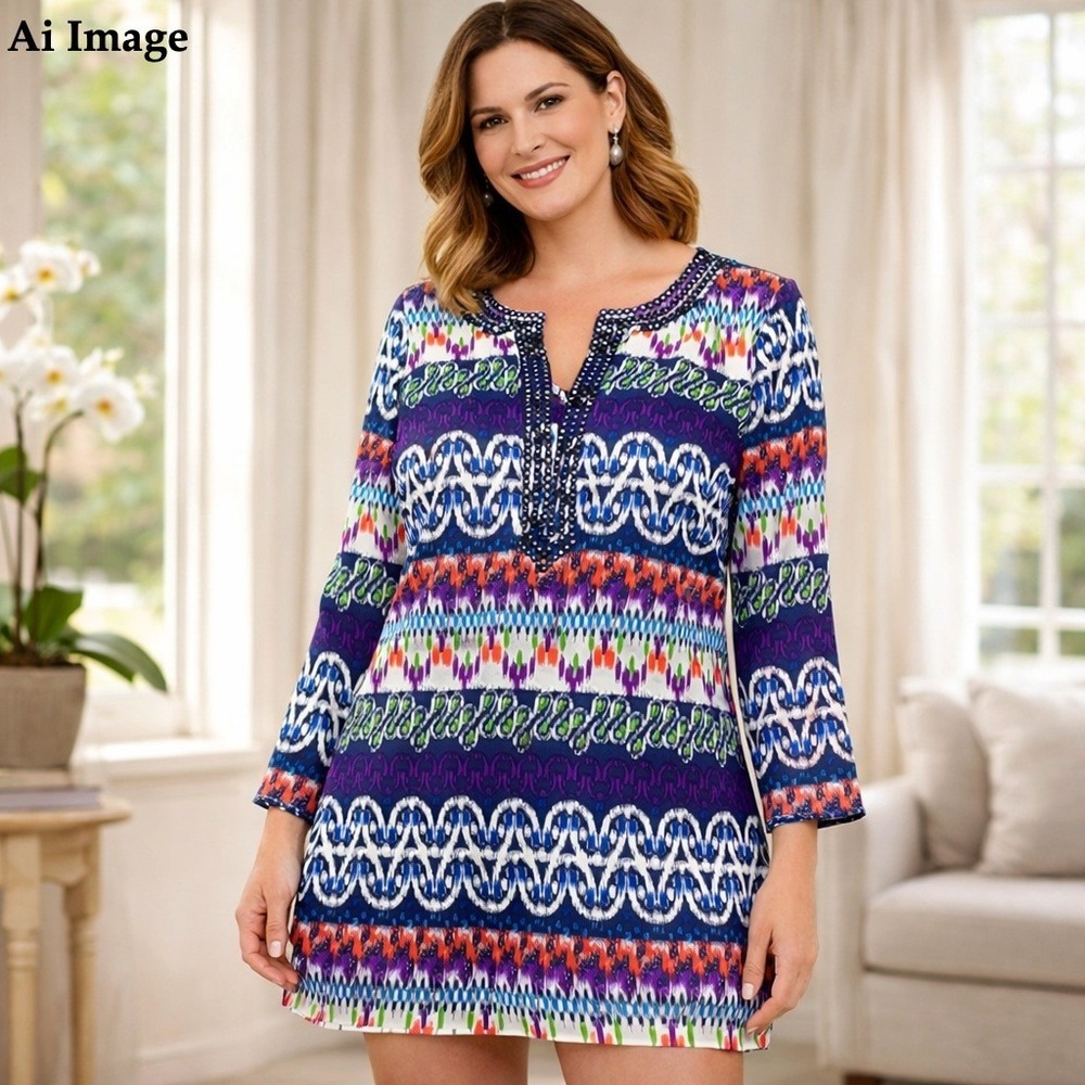 Tory Burch Silk Tunic Dress Womens M Embellished Split Neck Boho Luxe Artistic‎